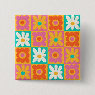 Retro 70er Jahre Groovy Blumen Karo Farbige Muster Button
