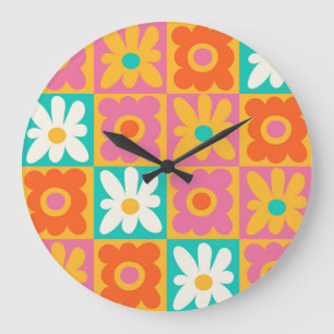 Retro 70er Jahre Groovy Blumen Karomuster Farbige Große Wanduhr