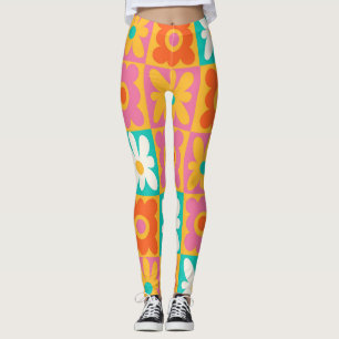 Retro 70er Jahre Groovy Blumen Karomuster Farbige  Leggings