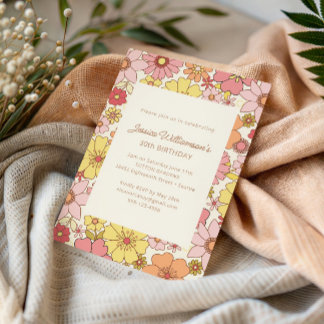 Retro 70er Jahre Groovy Blumen Pink Gelb 30. Gebur Einladung