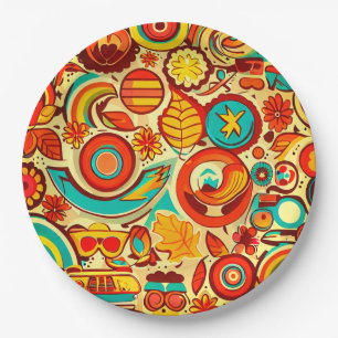 Retro 70er Jahre Groovy Herbst Elemente Muster  Pappteller