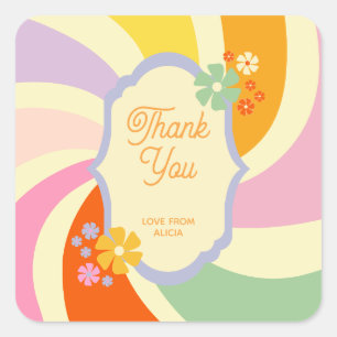 Retro 70er Jahre Groovy Wave Blumen Danke Quadratischer Aufkleber