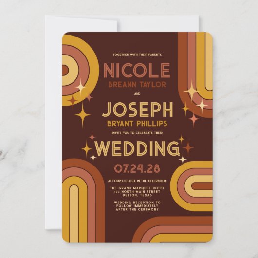 Retro 70er Jahre kühne Typografie Rainbow Arch Wed Einladung (Vorderseite)