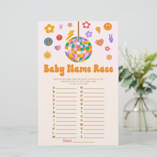 Retro 70er Jahre Name Race Baby Shower Game-Aktivi Briefpapier (Stehend Vorderseite)