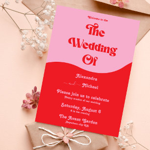 Retro 70er Jahre Rosa und Rote Neon-Hochzeitseinla Einladung