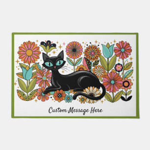 Retro 70er Jahre Schwarze Katze Florales Personali Fußmatte