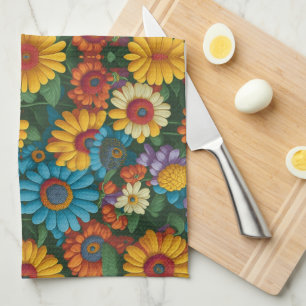 Retro 70er Jahre Stil bunte Gänseblümchen  Geschirrtuch