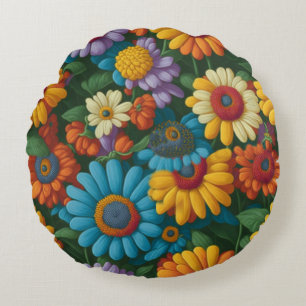 Retro 70er Jahre Stil bunte Gänseblümchen Rundes Kissen