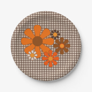 Retro 70er Jahre Vintage Blumen Gingham  Pappteller