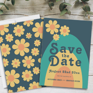 Retro 70er Jahre Vintage Gänseblümchen-Bogen-Hochz Save The Date