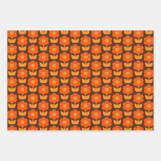 Retro 70er Jonnty Blume Muster Orange & Brown Geschenkpapier Set (Vorderseite)
