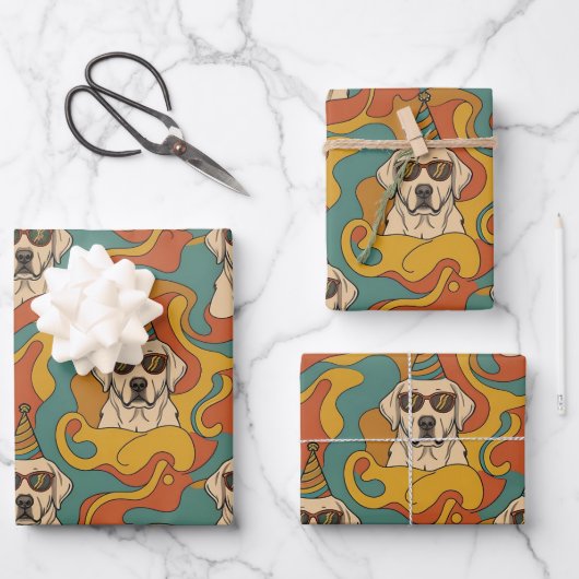 Retro 70er Labrador Retriever Geburtstag Geschenkpapier Set (Vorderseite)