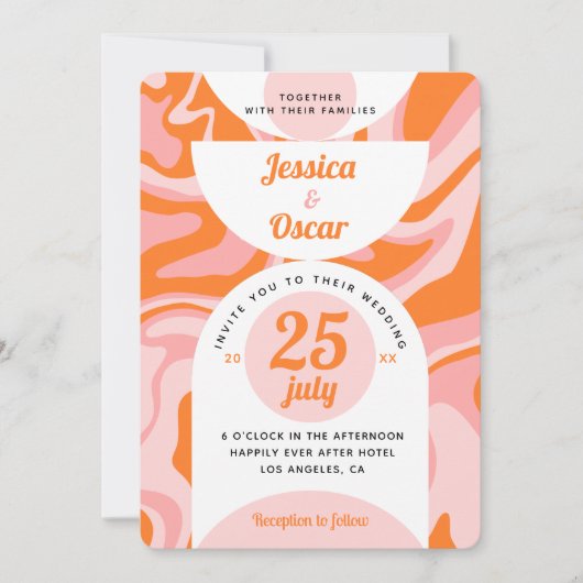 Retro 70er Liquid Swirl Boho Pink Orange Wedding Einladung (Vorderseite)