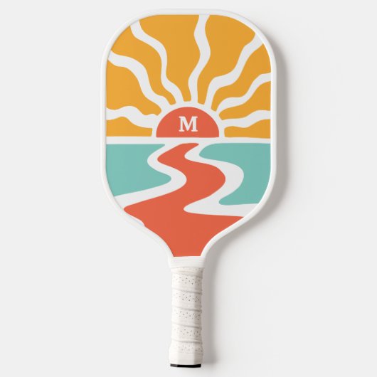 Retro-70er-Monogramm für farbenfrohe Ozeansonnenau Pickleball Schläger (Rückseite)