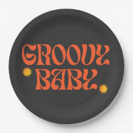 Retro 70er Mustard Orange Black Hippie Groovy Baby Pappteller