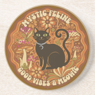 Retro 70er Mystische Feline Groovy Schwarze Katze  Getränkeuntersetzer