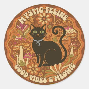 Retro 70er Mystische Katze Groovy Schwarze Katze & Runder Aufkleber