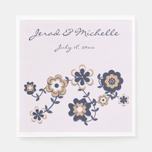 Retro 70er Navy Blue-Gold Blume Power Serviette (Vorderseite)