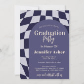 Retro 70er Navy Checkered Arch Foto Abschluss Einladung (Vorderseite)