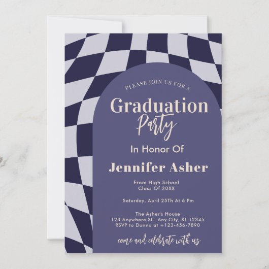 Retro 70er Navy Checkered Arch Foto Abschluss Einladung (Vorderseite)