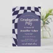 Retro 70er Navy Checkered Arch Foto Abschluss Einladung (Stehend Vorderseite)