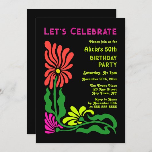 Retro 70er Neon Groovy Psychedelic Blume Geburtsta Einladung (Vorne/Hinten)