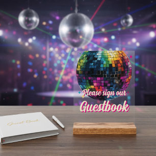 Retro 70er Party Disco Kugel Hochzeitsgästebuch Acrylschild