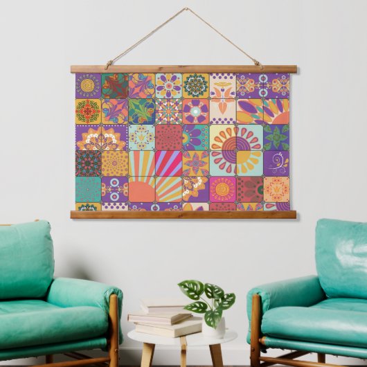 Retro 70er Patchwork Wall hanging Wandteppich Mit Holzrahmen (Wohnzimmer)