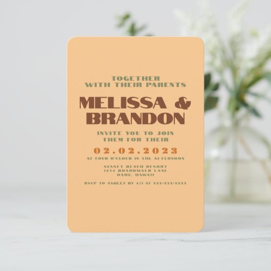 Retro 70er Pattern Wedding Einladung (Stehend Vorderseite)