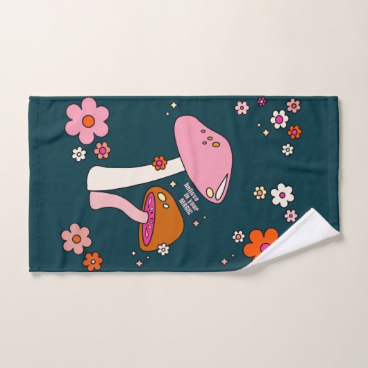 Retro 70er Pilze und Blume Navy Blue Badhandtuch Set (Handtuch)