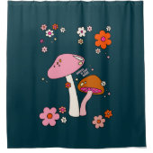 Retro 70er Pilze und Blume Navy Blue Duschvorhang (Vorderseite)