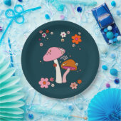 Retro 70er Pilze und Blume Navy Blue Pappteller (Party)