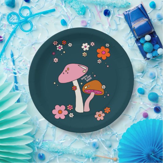 Retro 70er Pilze und Blume Navy Blue Pappteller (Party)