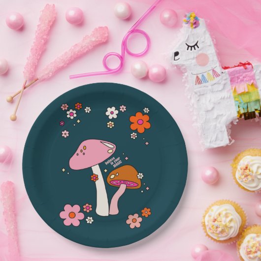 Retro 70er Pilze und Blume Navy Blue Pappteller (Party)