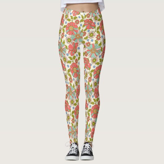 Retro 70er Pink Aqua Floral Leggings (Vorderseite)