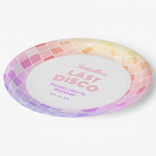 Retro 70er Pink Disco Ball Bachelorette Pappteller (Schrägansicht)