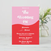 Retro 70er Pink und Red Neon Wedding Einladung (Stehend Vorderseite)