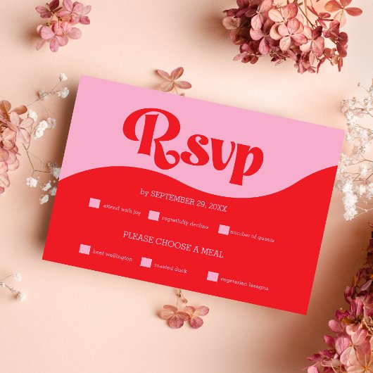 Retro 70er Pink und Red Neon Wedding RSVP Card