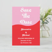 Retro 70er Pink und Red Neon Wedding Save The Date (Stehend Vorderseite)