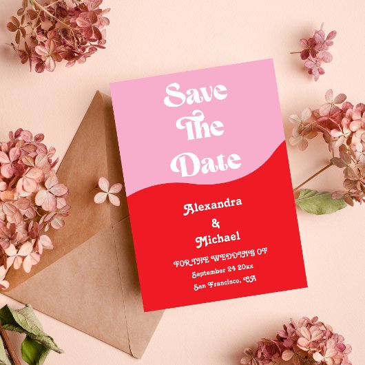 Retro 70er Pink und Red Neon Wedding Save The Date