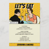 Retro 70er Pop Art Comic Buchen Spaß Hochzeit Menükarte (Vorderseite)