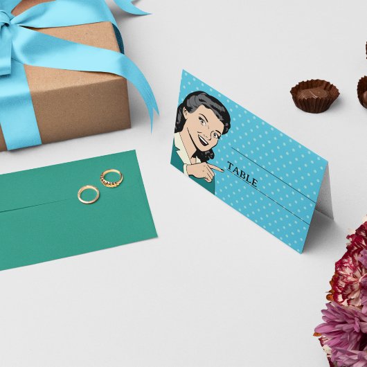 Retro 70er Pop Art Comic Buchen Spaß Hochzeit Platzkarte