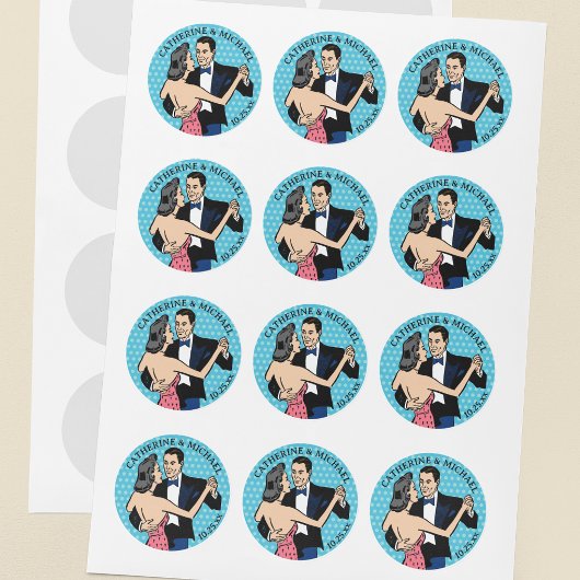 Retro 70er Pop Art Comic Romantische Hochzeit Runder Aufkleber