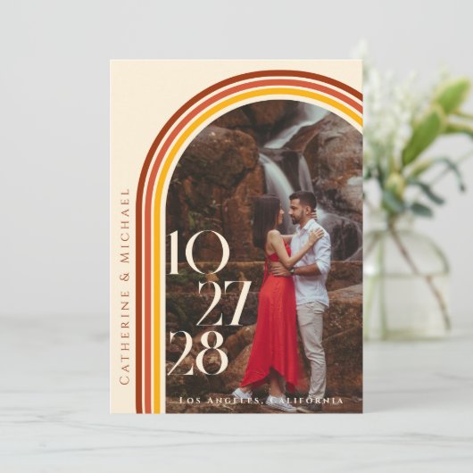 Retro 70er Rainbow Groovy Arch Foto Menükarte (Stehend Vorderseite)