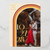 Retro 70er Rainbow Groovy Arch Foto Save the Date Folieneinladung (Vorderseite)