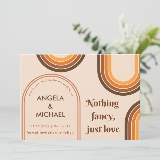 Retro 70er Rainbows Minimalistisch Brown Arch Boho Save The Date (Stehend Vorderseite)