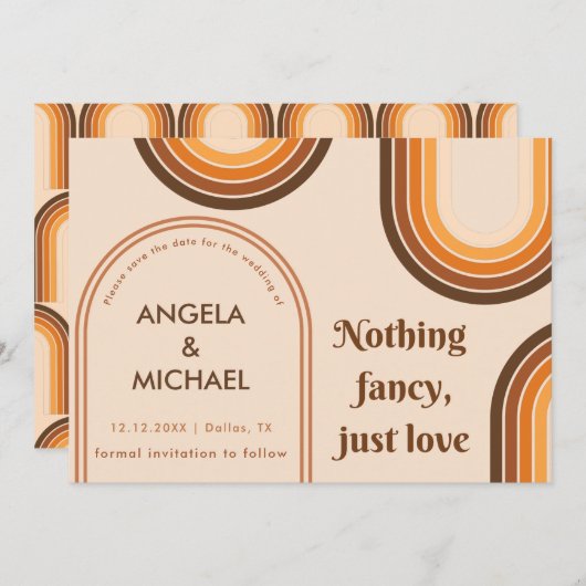 Retro 70er Rainbows Minimalistisch Brown Arch Boho Save The Date (Vorne/Hinten)