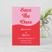 Retro 70er Rosa und Rote Neon Wedding speichern da Save The Date (Stehend Vorderseite)