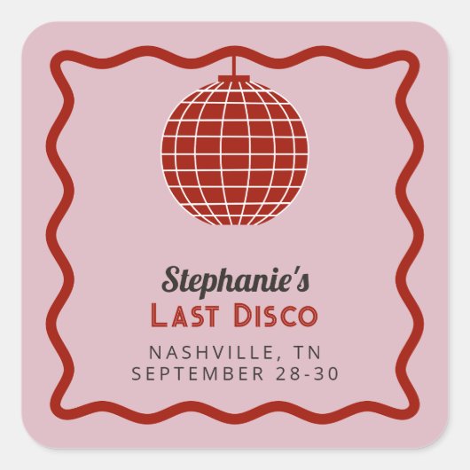 Retro 70er Rot und Rosa Letzte Disco Bacheloretto Quadratischer Aufkleber (Vorderseite)