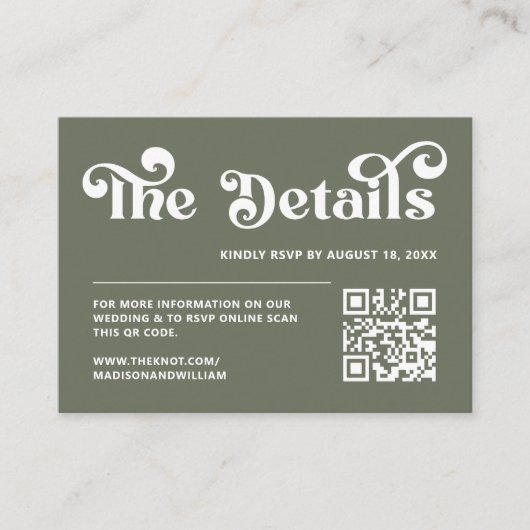 Retro 70er Sage Green Wedding Website Qr Code Begleitkarte (Vorderseite)